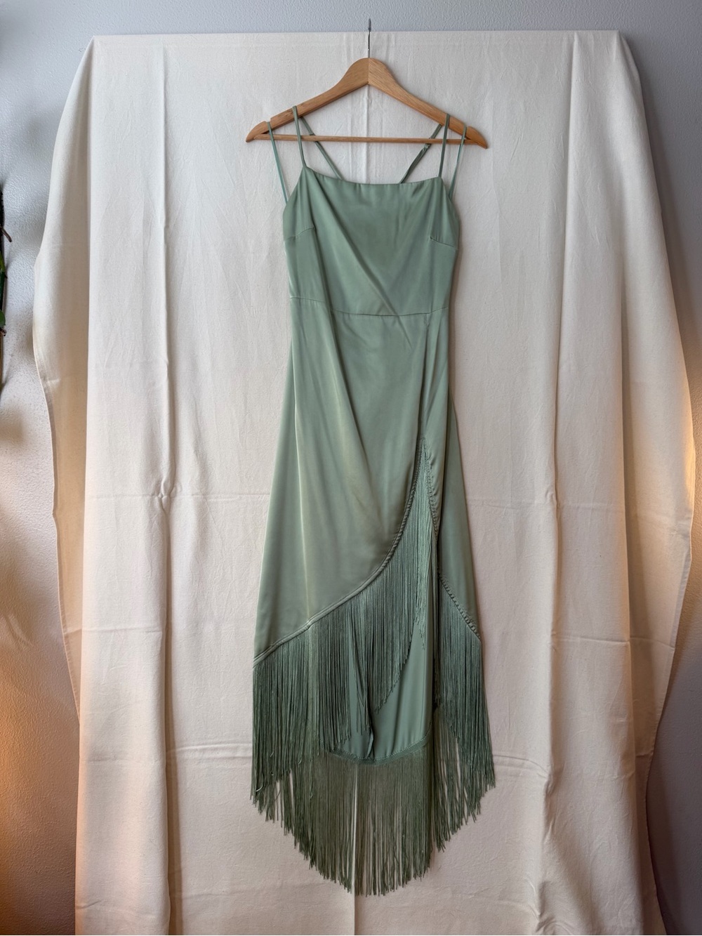 12th Tribe Sage Green Fringe Maxi Slip Dress